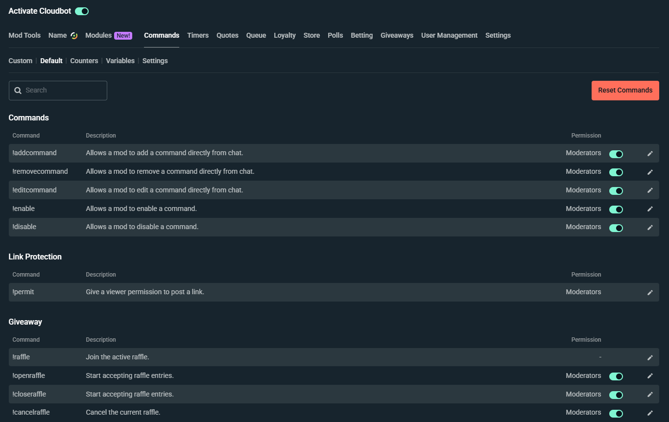 The Streamlabs Cloudbot default commands page. It shows a list of all the default commands.
